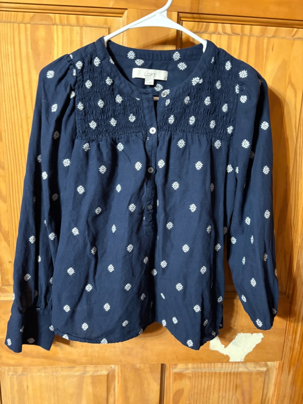 LOFT Navy Blue Embroidered Smocked Peasant Top